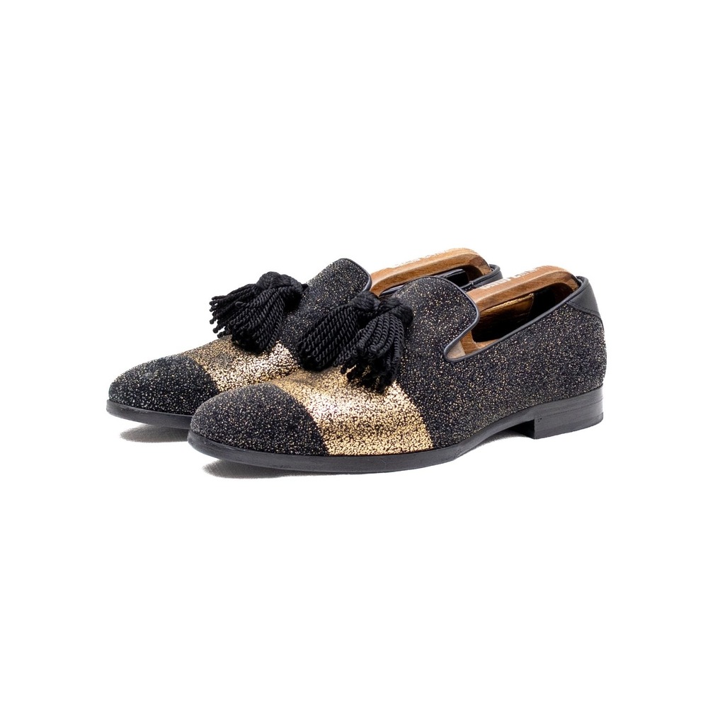 Jimmy Choo‎ Men's Foxley Black & Gold Glitter Tassel Loafers Size EU 40.5 / US 8